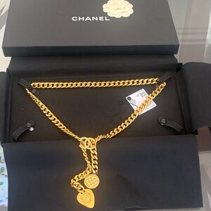 CHANEL Gold Chain Belt with Heart and Round Logo Charms